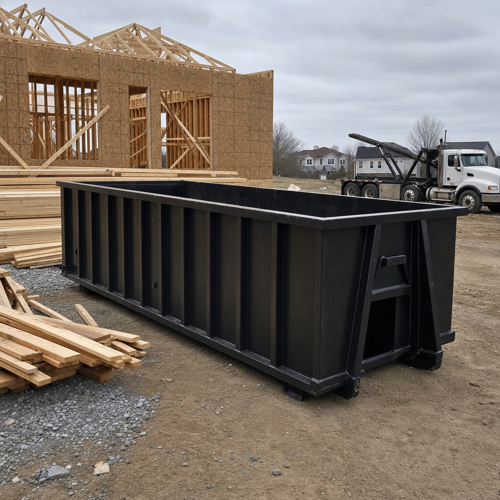 Matte-black 40-yard roll-off dumpster staged on a framed-out residential construction site in Fort Lauderdale, framing lumber stacked nearby, hooklift delivery truck visible in the background under bright Colorado daylight