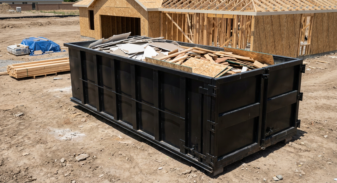 Matte-black 30-yard roll-off construction dumpster sitting directly on the compacted-dirt site of a framed single-family home build in Fort Lauderdale, drywall and lumber scrap loaded inside.