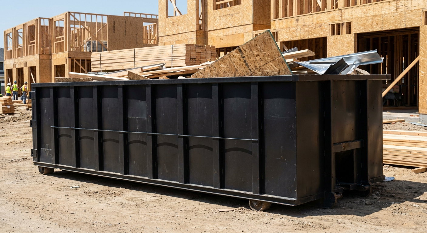 Matte-black 40-yard roll-off construction dumpster being lowered from a white-cab hooklift delivery truck onto the compacted-dirt jobsite at a commercial build site in Fort Lauderdale