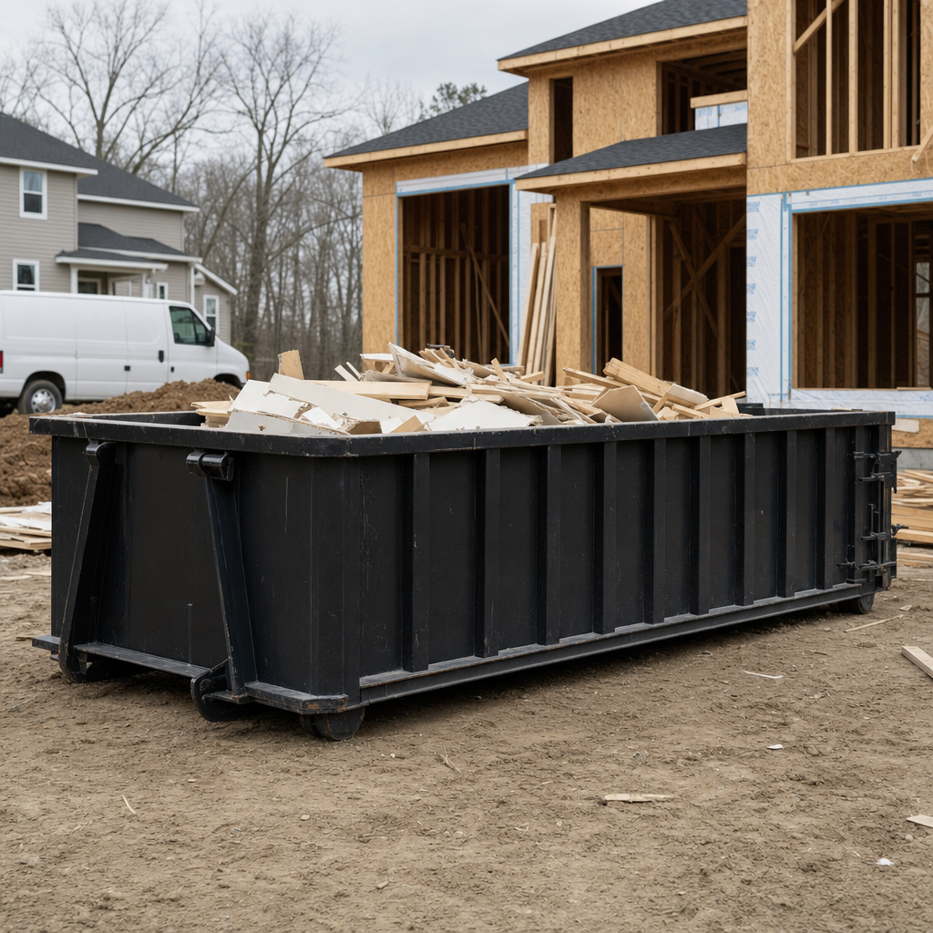 Worker in a yellow high-visibility vest tossing framing lumber and broken drywall into a matte-black 30-yard construction roll-off dumpster on an active build site in Fort Lauderdale, bright daylight