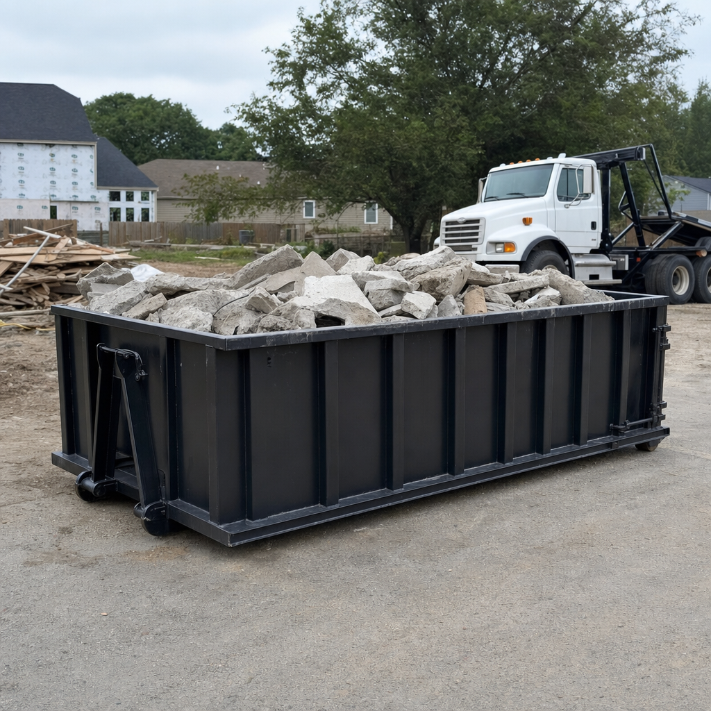 Low-profile matte-black lowboy roll-off dumpster loaded with broken concrete slab and rebar at a foundation tear-out in Fort Lauderdale, skid steer parked beside it, sunny Colorado morning