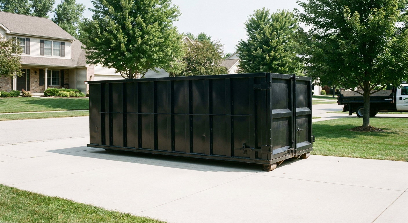 Matte-black 20-yard roll-off dumpster sitting level on a clean Fort Lauderdale residential concrete driveway under bright daylight, demonstrating clean placement directly on the concrete.