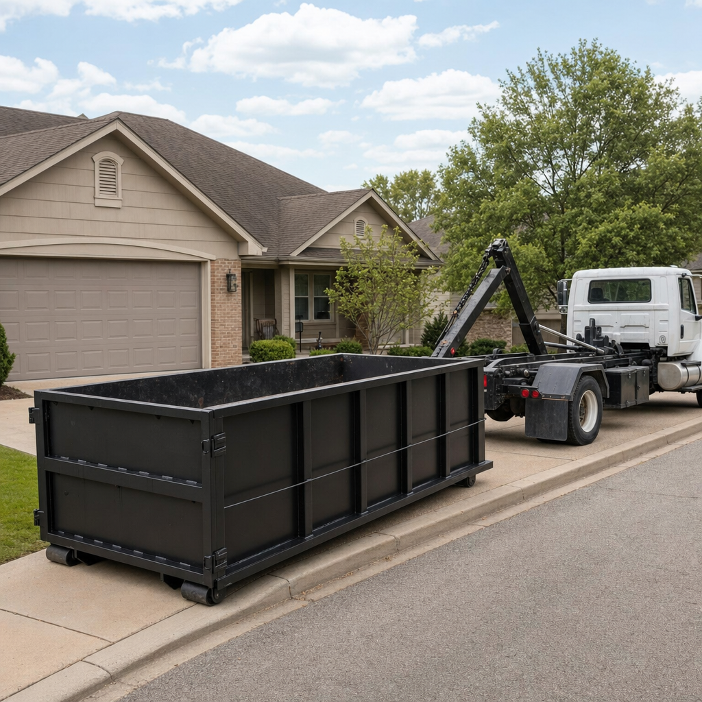 Wide documentary shot of a matte-black roll-off dumpster on a Fort Lauderdale residential driveway in the foreground and a contractor jobsite container in the soft-focus background, bright daylight, calm and orderly composition.