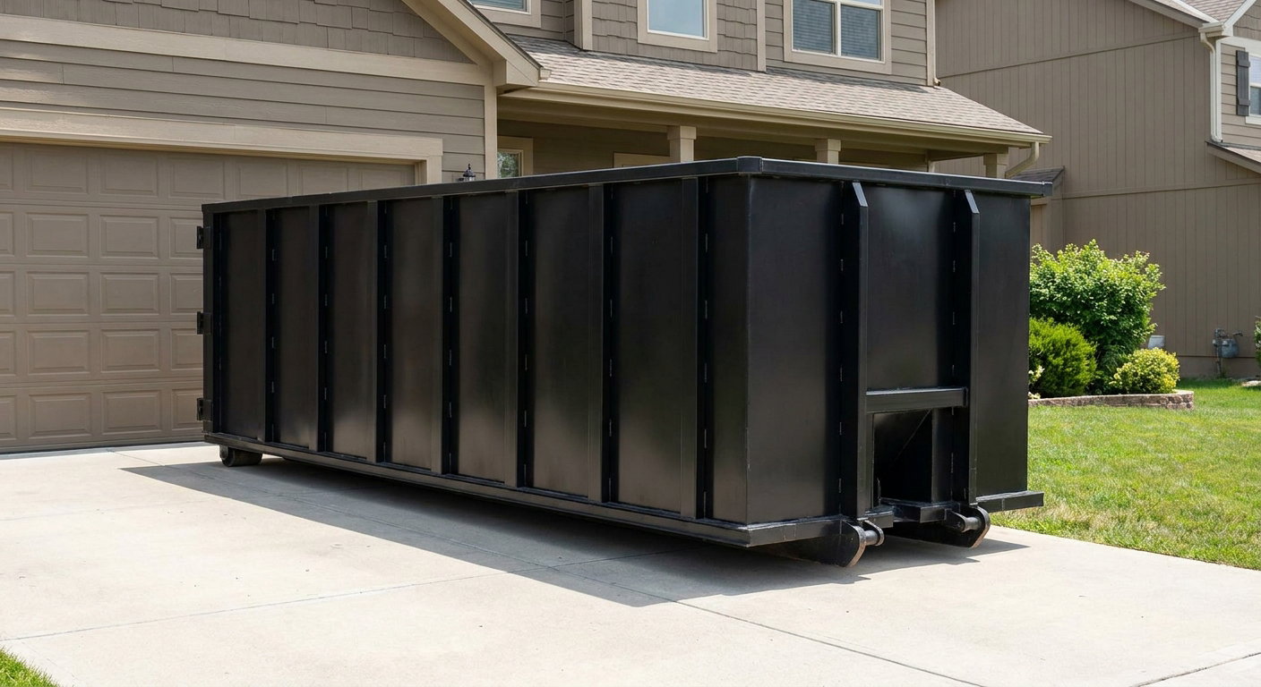 Matte-black residential roll-off dumpster sitting directly on a suburban Fort Lauderdale concrete driveway, garage door closed, single-family home in background, bright morning daylight.