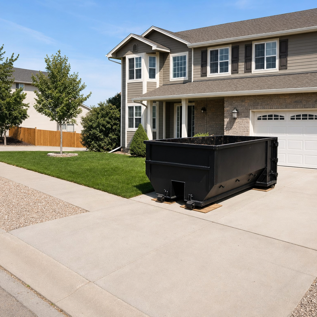 10-yard matte-black residential dumpster placed directly on a narrow Fort Lauderdale concrete driveway, room remains for a parked sedan beside it, mid-morning natural light