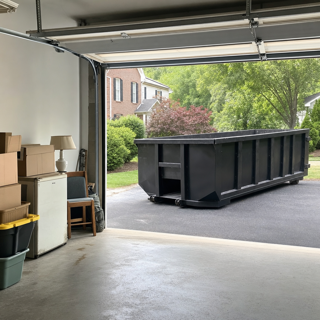 Open garage interior in a Fort Lauderdale home mid-cleanout — boxed items, an old appliance, and stacked yard tools queued near the driveway for a matte-black roll-off dumpster, organized and calm
