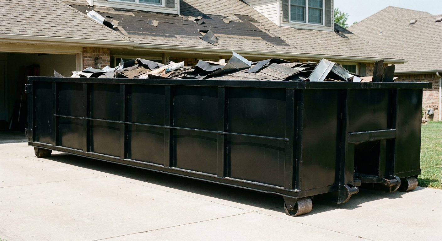 Matte-black 20-yard roofing roll-off dumpster with steel ribbed sides and swinging rear door, sitting directly on the concrete driveway of a two-story Fort Lauderdale home, asphalt shingle debris being loaded over the low wall, clean documentary lighting.