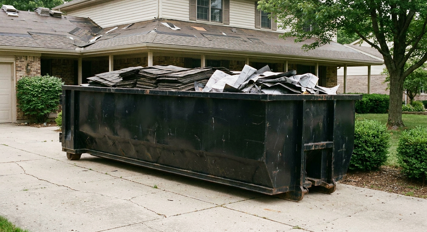 Matte-black 30-yard roofing roll-off dumpster sitting directly on a Fort Lauderdale concrete driveway, taller ribbed steel side panels, mixed tear-off debris of asphalt shingles and underlayment inside, professional documentary daylight.