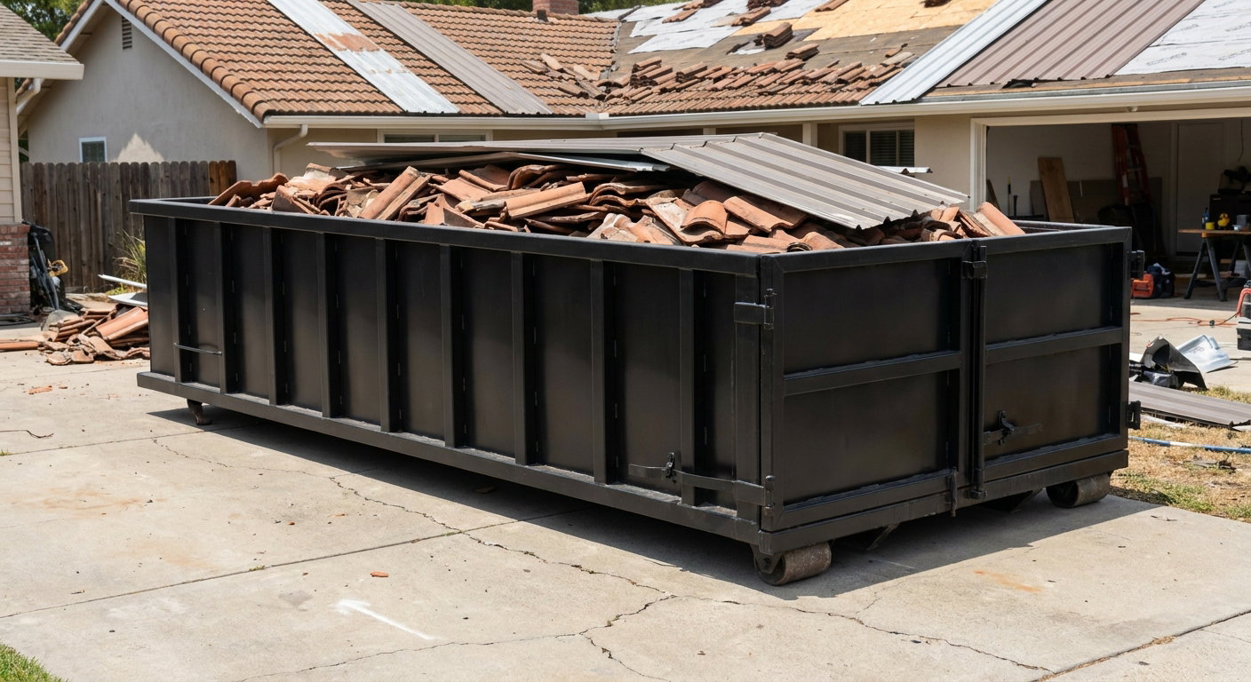 Matte-black low-wall heavy-debris roofing roll-off dumpster sitting directly on a Fort Lauderdale concrete driveway, broken concrete clay roof tiles and metal panel sections loaded inside, reinforced ribbed steel side walls visible, bright outdoor daylight.
