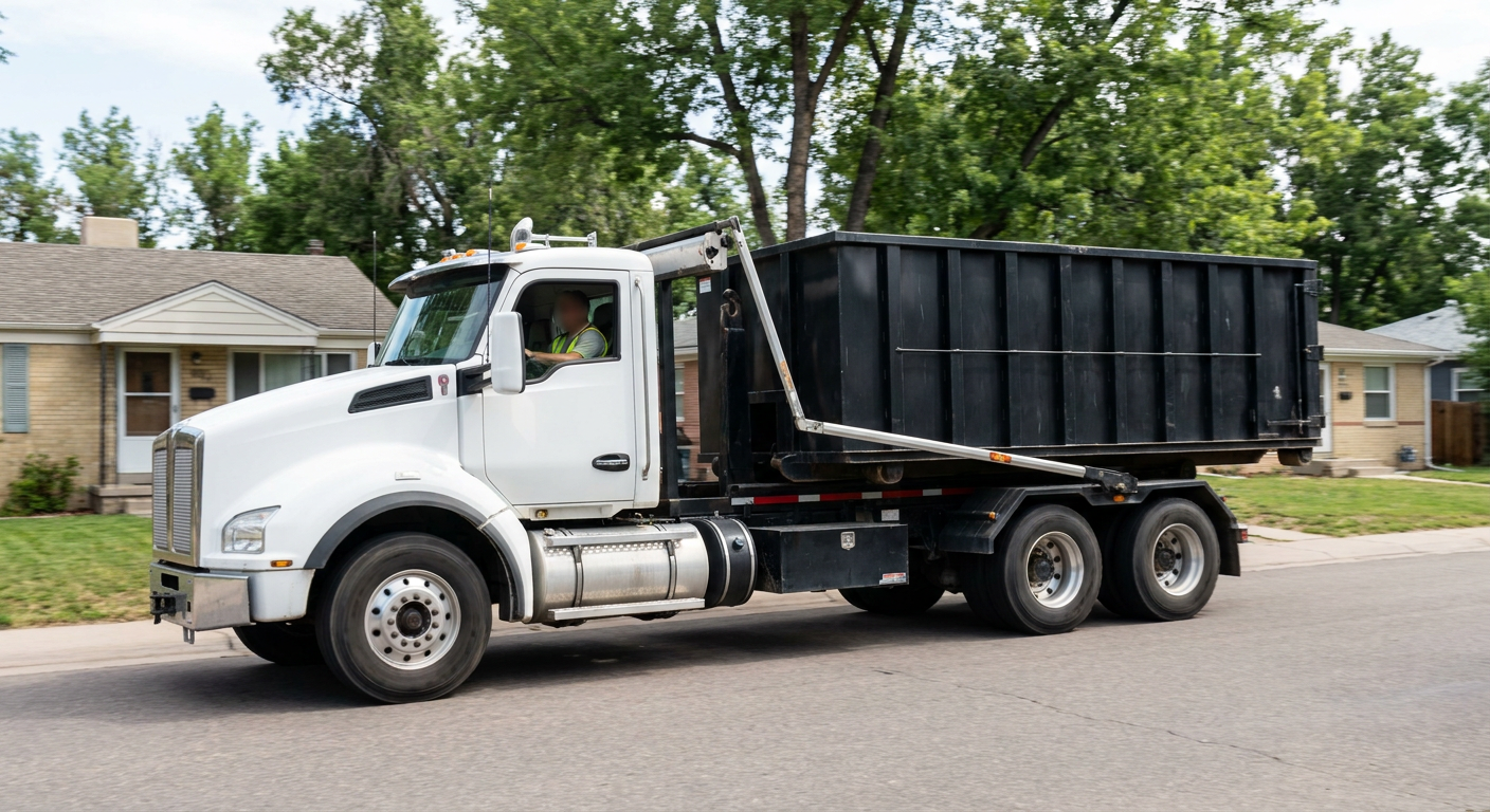 A wide documentary shot of a matte-black roll-off delivery truck pulling onto a quiet Fort Lauderdale residential street at mid-morning, with neighborhood rooftops and tree-lined blocks visible behind, showing the metro coverage footprint.