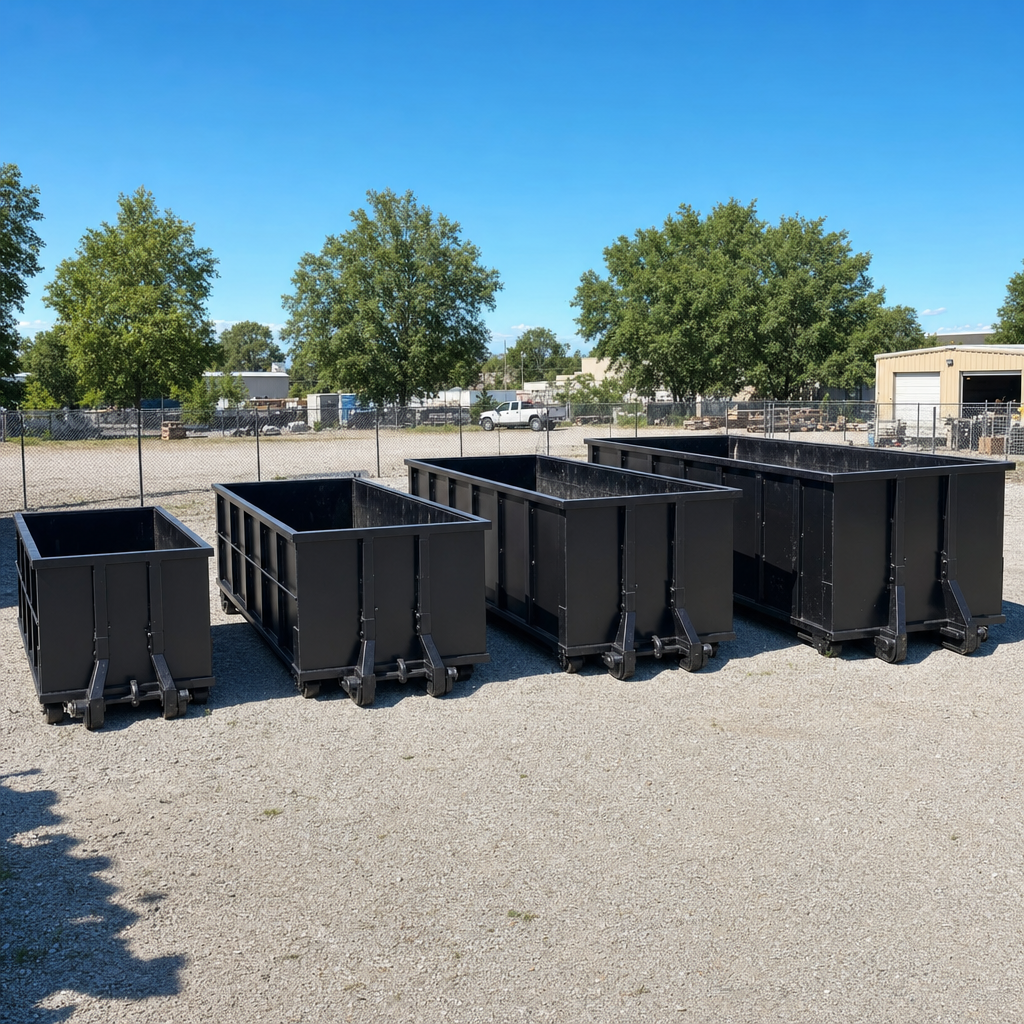 A clean lineup of matte-black roll-off dumpsters in 10, 20, 30, and 40-yard sizes staged on a sunlit gravel yard in Fort Lauderdale, showing the size progression from compact to commercial-scale containers.