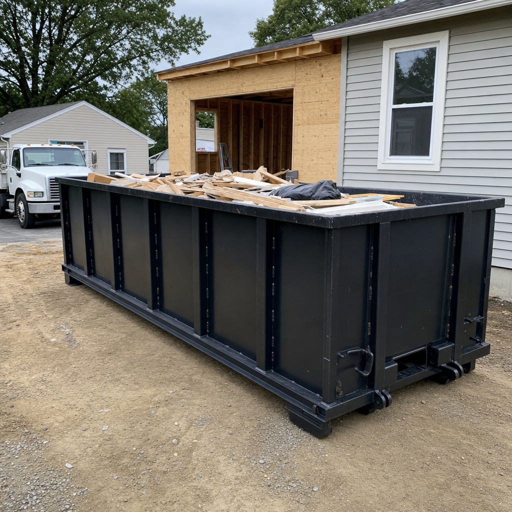 A matte-black 30-yard roll-off dumpster positioned at a Fort Lauderdale residential addition jobsite, with framing lumber and drywall scraps loaded through the open swinging rear doors.