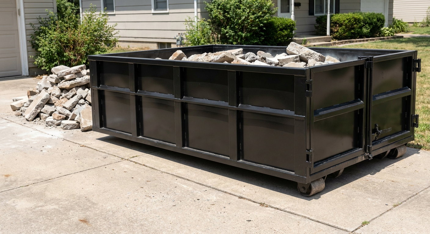 A matte-black low-side heavy-debris roll-off dumpster placed directly on a Fort Lauderdale concrete driveway, with broken concrete chunks neatly stacked beside it under clean daylight.